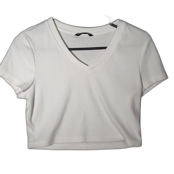 Shein White V-Neck Midriff Crop Top Short Sleeve Size 12 - Picture 1 of 12